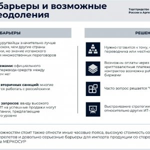 Рис. 5. Основные барьеры и возможные пути их преодоления. Источник: Вебинар Минпромторга РФ и Торгпредства России в Аргентине, ноябрь 2024 г.