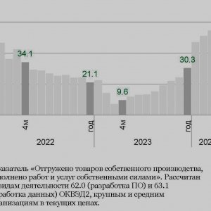 Рис. 2. Динамика реализации собственных продуктов и услуг ИТ-отрасли*, прирост к соответствующему периоду предыдущего года, проценты. Источник: расчеты ИСИЭЗ НИУ ВШЭ по данным Росстата (ЕМИСС)