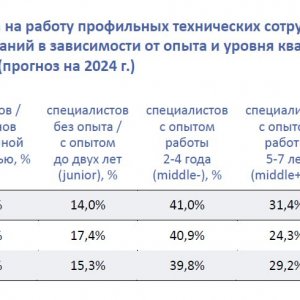 Рис. 2. Структура приёма на работу профильных технических сотрудников софтверных компаний в зависимости от опыта и уровня квалификации