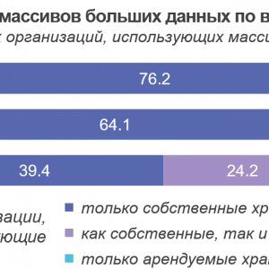 Рис. 3. Использование хранилищ массивов больших данных по виду и размеру организаций: 2023 (в % от числа обследованных организаций, использующих массивы больших данных ). Источник ИСИЭЗ НИУ ВШЭ