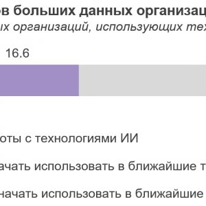 Рис. 1. Использование массивов больших данных организациями: 2023 (в % от числа обследованных организаций, использующих технологии ИИ). Источник ИСИЭЗ НИУ ВШЭ