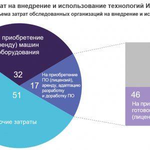 Рис. 1. Структура затрат на внедрение и использование технологий ИИ по видам: 2023 (в % от общего объема затрат обследованных организаций на внедрение и использование технологий ИИ). Источник: ИСИЭЗ НИУ ВШЭ