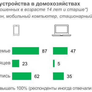 Рис. 1. Базовые цифровые устройства в домохозяйствах (в % от численности опрошенных в возрасте 14 лет и старше*). Источник ИСИЭЗ НИУ ВШЭ